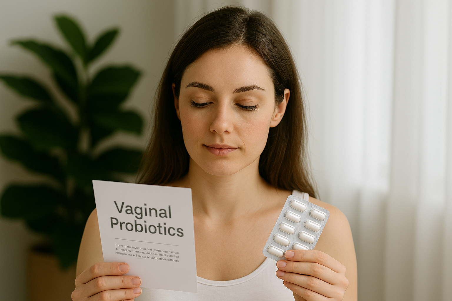 Femme lisant un guide sur les probiotiques vaginaux pour préserver l’équilibre de la flore vaginale